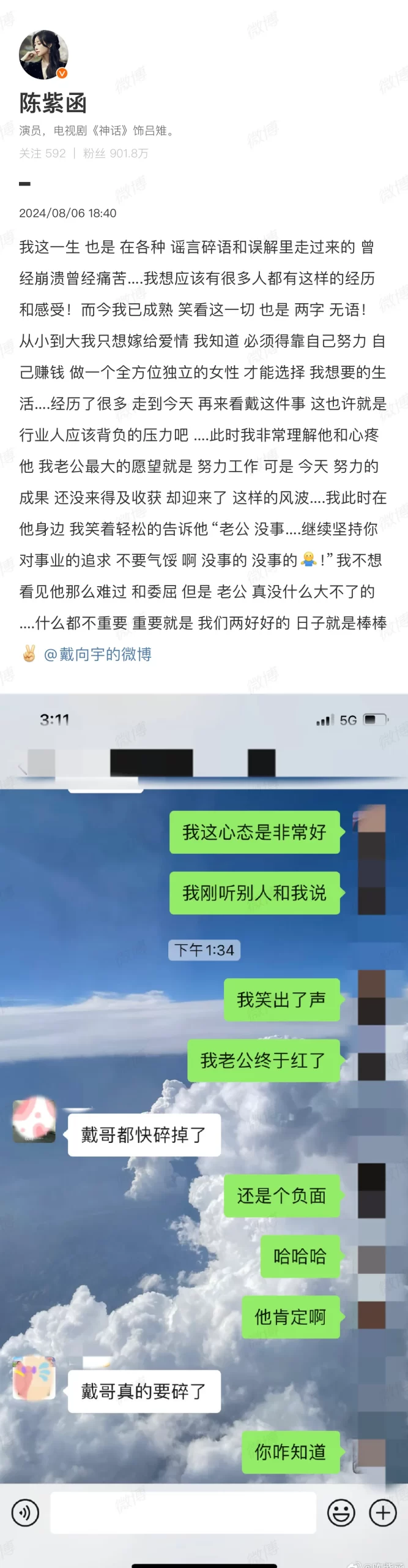 陈紫函回应老公戴向宇被曝嫖娼